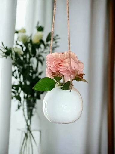 Runde, hängende Vase mit rosa Blumen und grünen Blättern vor einem Blumengruß.